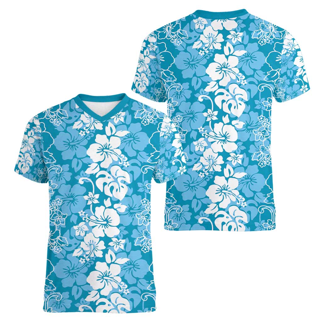 Hawaiian Lei Day Women V-Neck T-Shirt Blue Hibiscus Flowers Lei Art LT9 - Polynesian Pride
