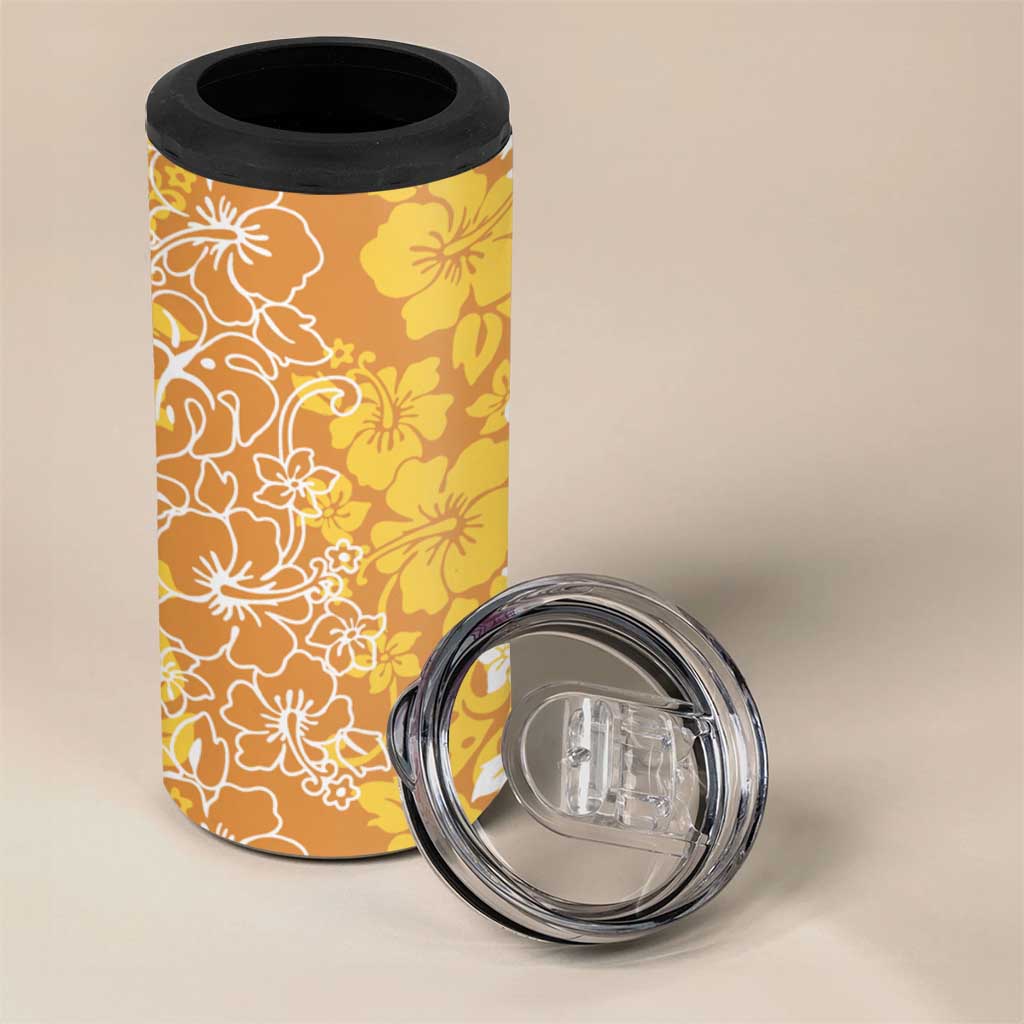 Hawaiian Lei Day 4 in 1 Can Cooler Tumbler Gold Hibiscus Flowers Lei Art LT9 - Polynesian Pride