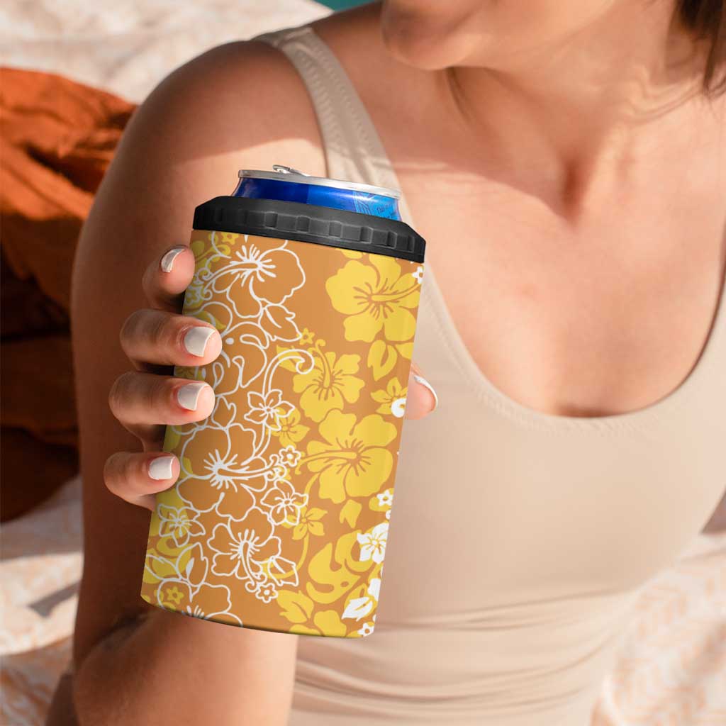 Hawaiian Lei Day 4 in 1 Can Cooler Tumbler Gold Hibiscus Flowers Lei Art LT9 - Polynesian Pride