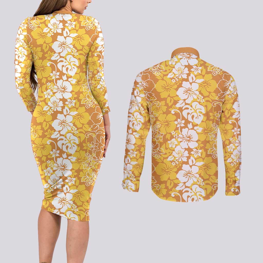 Hawaiian Lei Day Couples Matching Long Sleeve Bodycon Dress and Long Sleeve Button Shirt Gold Hibiscus Flowers Lei Art LT9 - Polynesian Pride