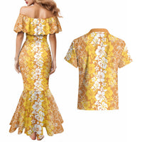 Hawaiian Lei Day Couples Matching Mermaid Dress and Hawaiian Shirt Gold Hibiscus Flowers Lei Art LT9 - Polynesian Pride