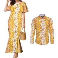 Hawaiian Lei Day Couples Matching Mermaid Dress and Long Sleeve Button Shirt Gold Hibiscus Flowers Lei Art LT9 Gold - Polynesian Pride