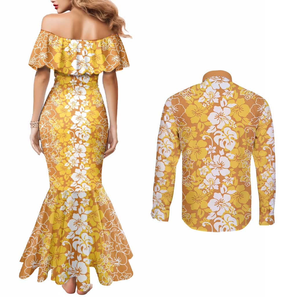 Hawaiian Lei Day Couples Matching Mermaid Dress and Long Sleeve Button Shirt Gold Hibiscus Flowers Lei Art LT9 - Polynesian Pride