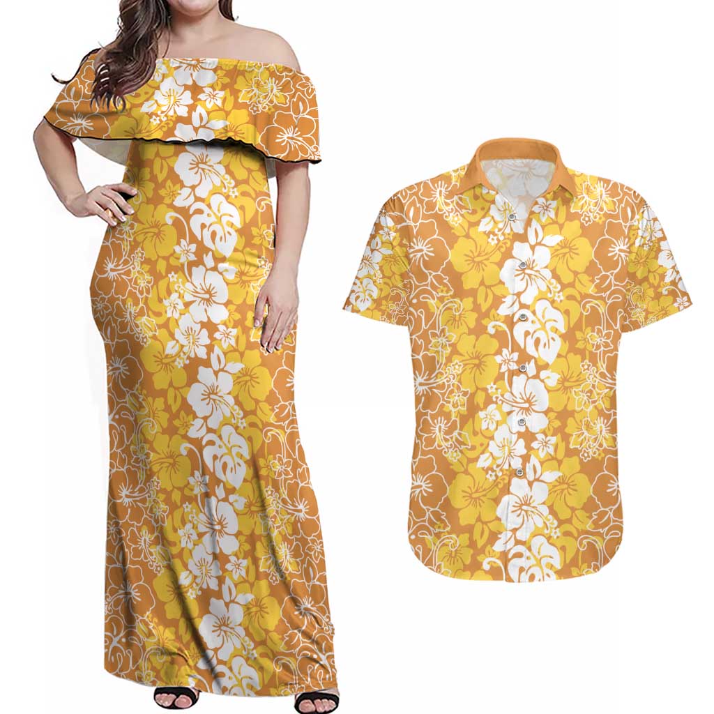 Hawaiian Lei Day Couples Matching Off Shoulder Maxi Dress and Hawaiian Shirt Gold Hibiscus Flowers Lei Art LT9 Gold - Polynesian Pride
