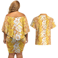 Hawaiian Lei Day Couples Matching Off Shoulder Short Dress and Hawaiian Shirt Gold Hibiscus Flowers Lei Art LT9 - Polynesian Pride
