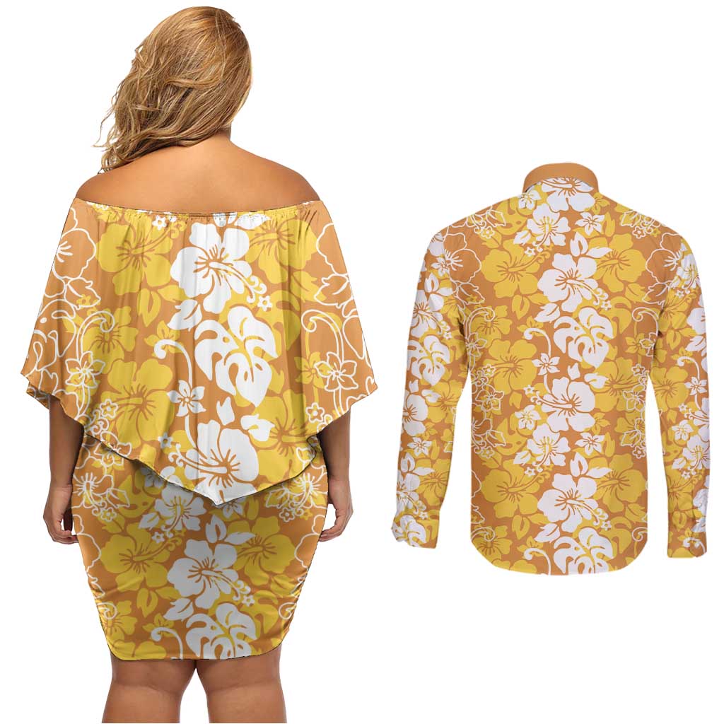 Hawaiian Lei Day Couples Matching Off Shoulder Short Dress and Long Sleeve Button Shirt Gold Hibiscus Flowers Lei Art LT9 - Polynesian Pride