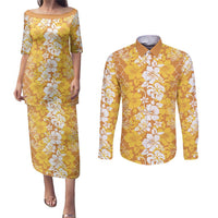 Hawaiian Lei Day Couples Matching Puletasi and Long Sleeve Button Shirt Gold Hibiscus Flowers Lei Art LT9 Gold - Polynesian Pride