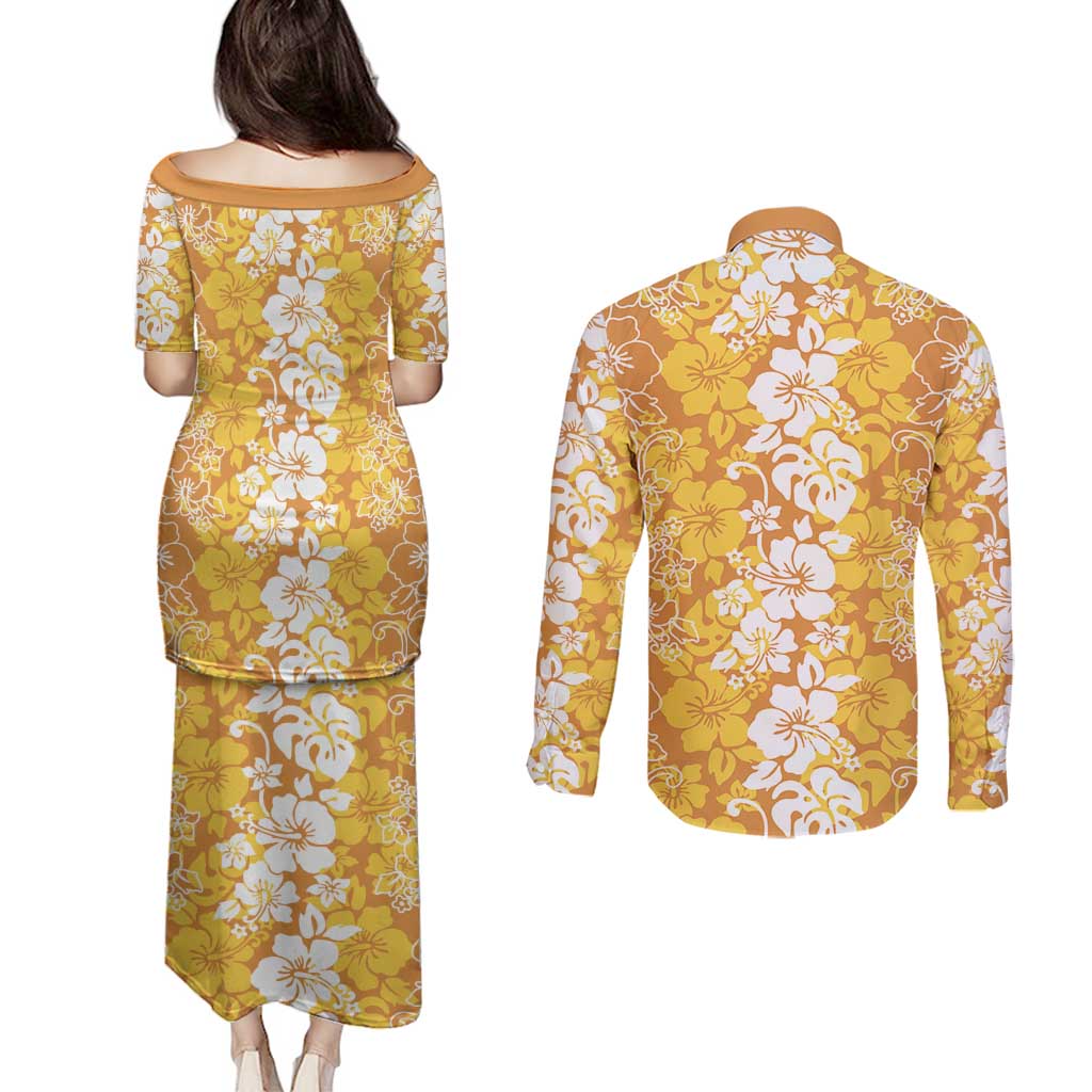 Hawaiian Lei Day Couples Matching Puletasi and Long Sleeve Button Shirt Gold Hibiscus Flowers Lei Art LT9 - Polynesian Pride