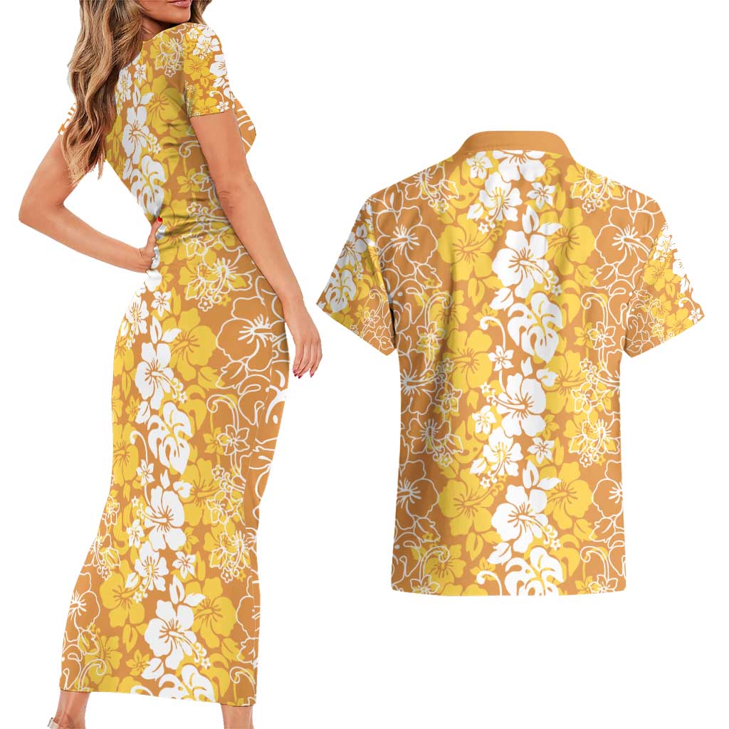 Hawaiian Lei Day Couples Matching Short Sleeve Bodycon Dress and Hawaiian Shirt Gold Hibiscus Flowers Lei Art LT9 - Polynesian Pride