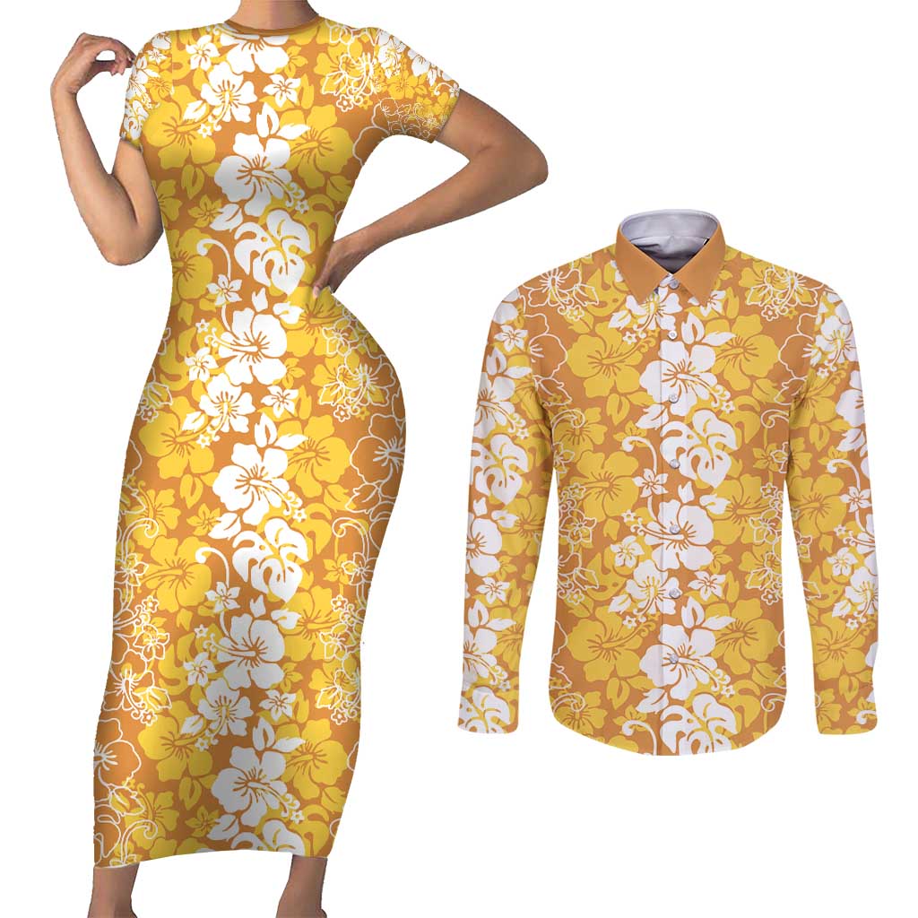 Hawaiian Lei Day Couples Matching Short Sleeve Bodycon Dress and Long Sleeve Button Shirt Gold Hibiscus Flowers Lei Art LT9 Gold - Polynesian Pride