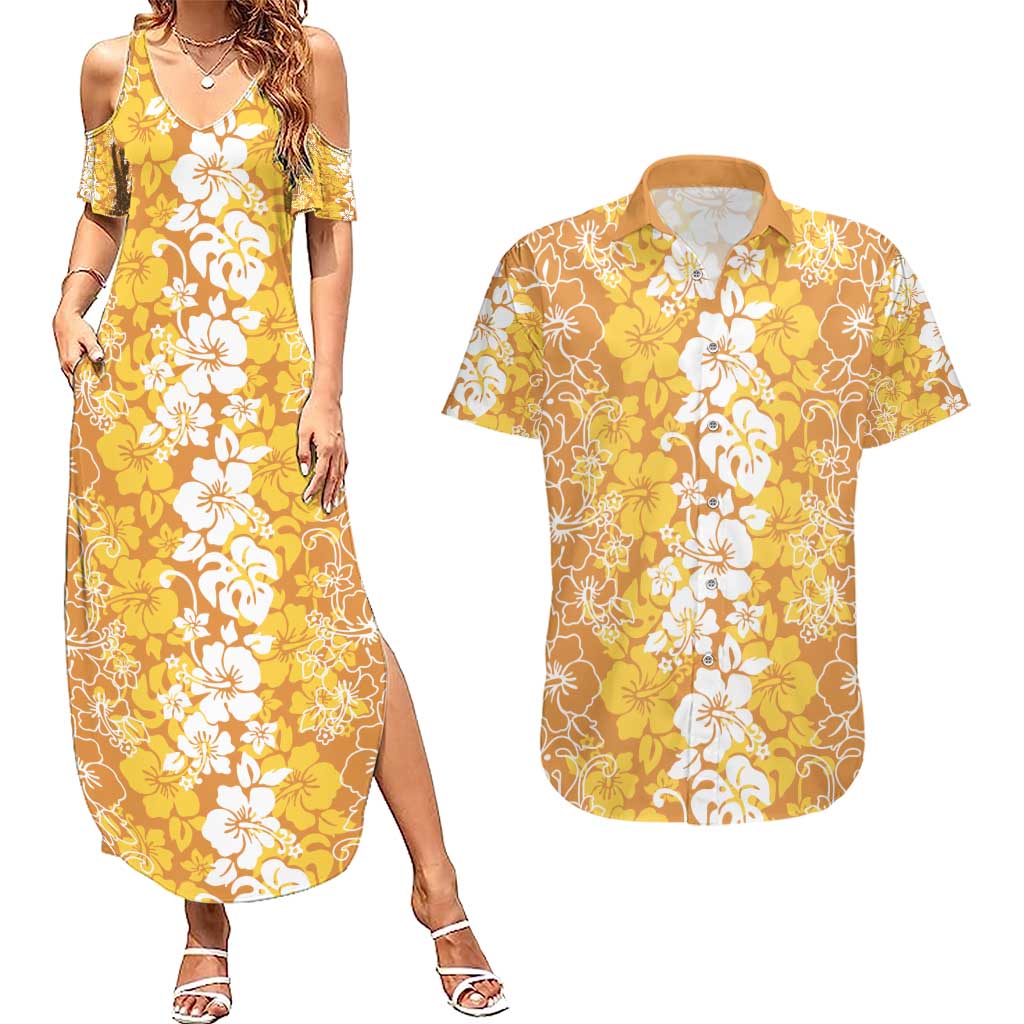 Hawaiian Lei Day Couples Matching Summer Maxi Dress and Hawaiian Shirt Gold Hibiscus Flowers Lei Art LT9 Gold - Polynesian Pride
