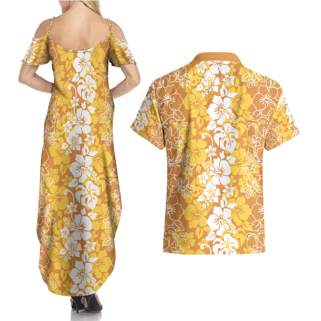 Hawaiian Lei Day Couples Matching Summer Maxi Dress and Hawaiian Shirt Gold Hibiscus Flowers Lei Art LT9 - Polynesian Pride