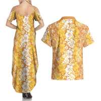 Hawaiian Lei Day Couples Matching Summer Maxi Dress and Hawaiian Shirt Gold Hibiscus Flowers Lei Art LT9 - Polynesian Pride