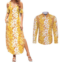 Hawaiian Lei Day Couples Matching Summer Maxi Dress and Long Sleeve Button Shirt Gold Hibiscus Flowers Lei Art LT9 Gold - Polynesian Pride