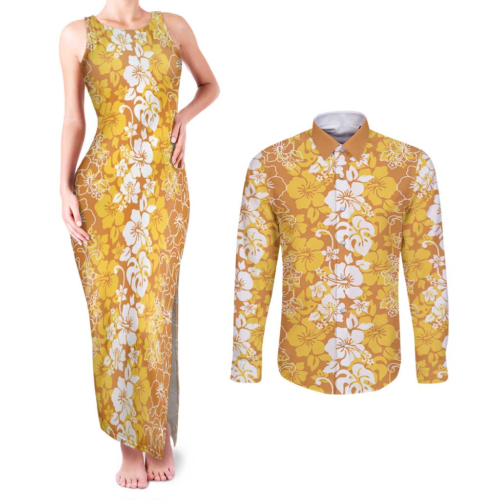 Hawaiian Lei Day Couples Matching Tank Maxi Dress and Long Sleeve Button Shirt Gold Hibiscus Flowers Lei Art LT9 Gold - Polynesian Pride
