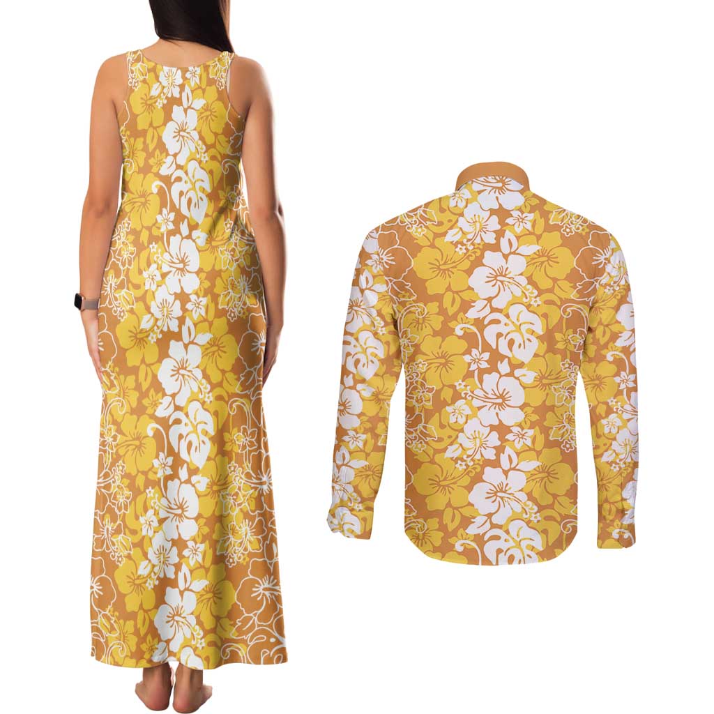 Hawaiian Lei Day Couples Matching Tank Maxi Dress and Long Sleeve Button Shirt Gold Hibiscus Flowers Lei Art LT9 - Polynesian Pride