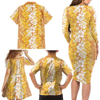 Hawaiian Lei Day Family Matching Long Sleeve Bodycon Dress and Hawaiian Shirt Gold Hibiscus Flowers Lei Art LT9 - Polynesian Pride