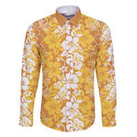 Hawaiian Lei Day Family Matching Long Sleeve Bodycon Dress and Hawaiian Shirt Gold Hibiscus Flowers Lei Art LT9 Dad's Shirt - Long Sleeve Gold - Polynesian Pride