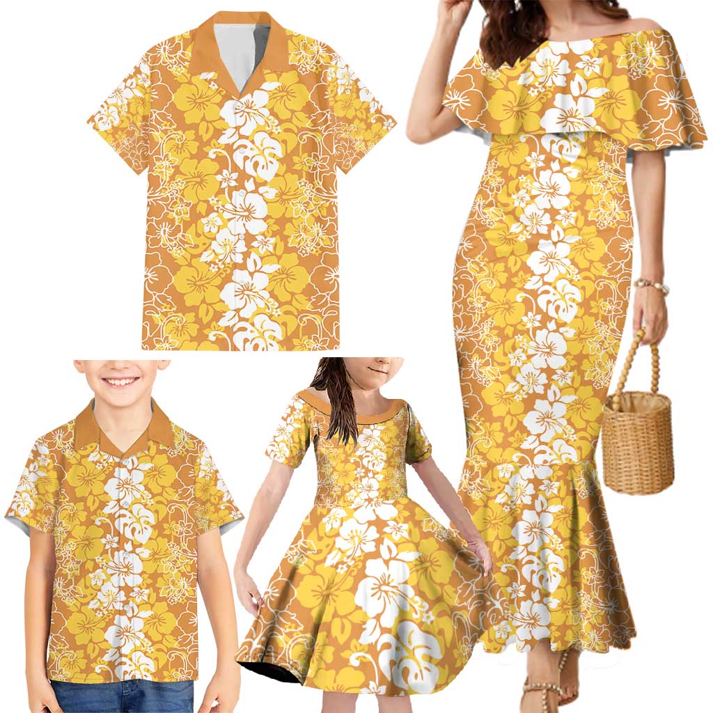 Hawaiian Lei Day Family Matching Mermaid Dress and Hawaiian Shirt Gold Hibiscus Flowers Lei Art LT9 - Polynesian Pride