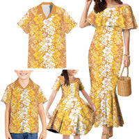 Hawaiian Lei Day Family Matching Mermaid Dress and Hawaiian Shirt Gold Hibiscus Flowers Lei Art LT9 - Polynesian Pride