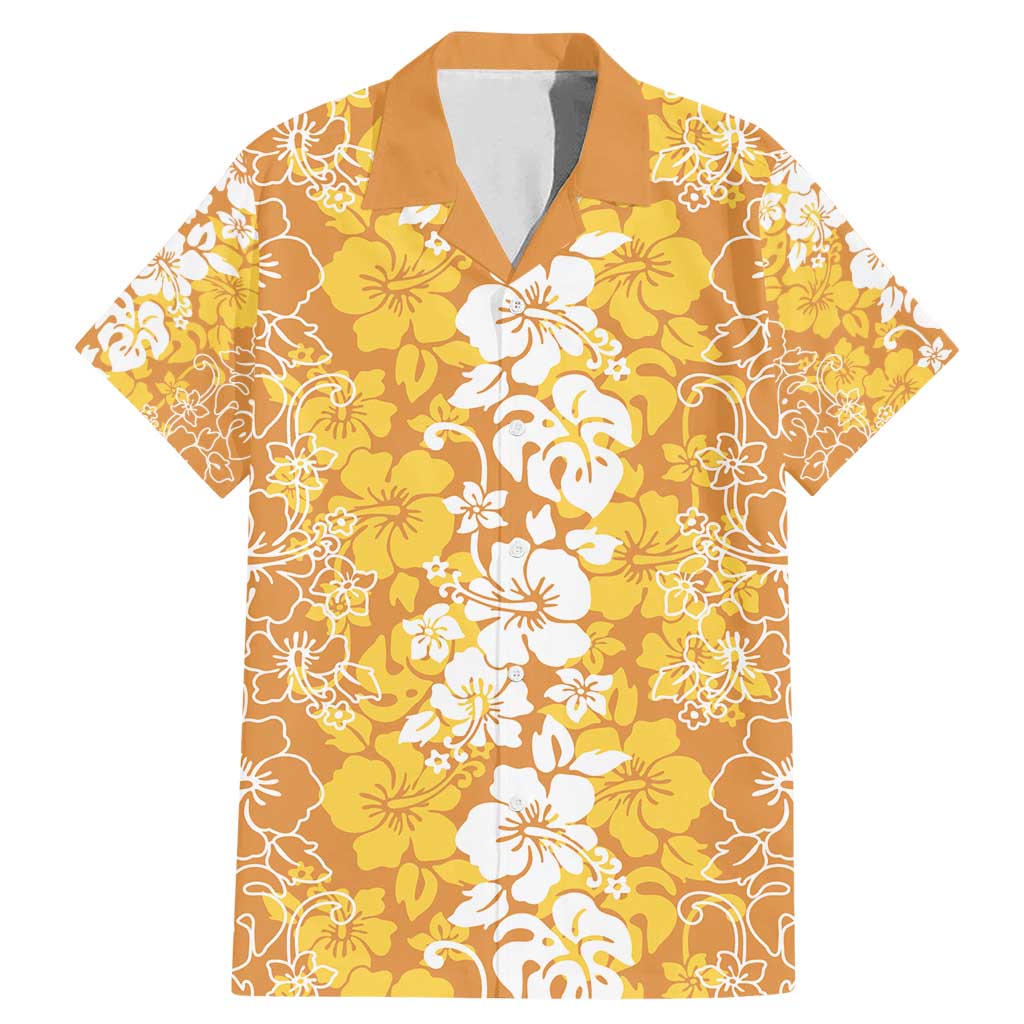 Hawaiian Lei Day Family Matching Mermaid Dress and Hawaiian Shirt Gold Hibiscus Flowers Lei Art LT9 Dad's Shirt - Short Sleeve Gold - Polynesian Pride