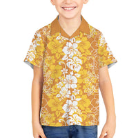 Hawaiian Lei Day Family Matching Off The Shoulder Long Sleeve Dress and Hawaiian Shirt Gold Hibiscus Flowers Lei Art LT9 Son's Shirt Gold - Polynesian Pride