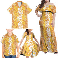 Hawaiian Lei Day Family Matching Off Shoulder Maxi Dress and Hawaiian Shirt Gold Hibiscus Flowers Lei Art LT9 - Polynesian Pride