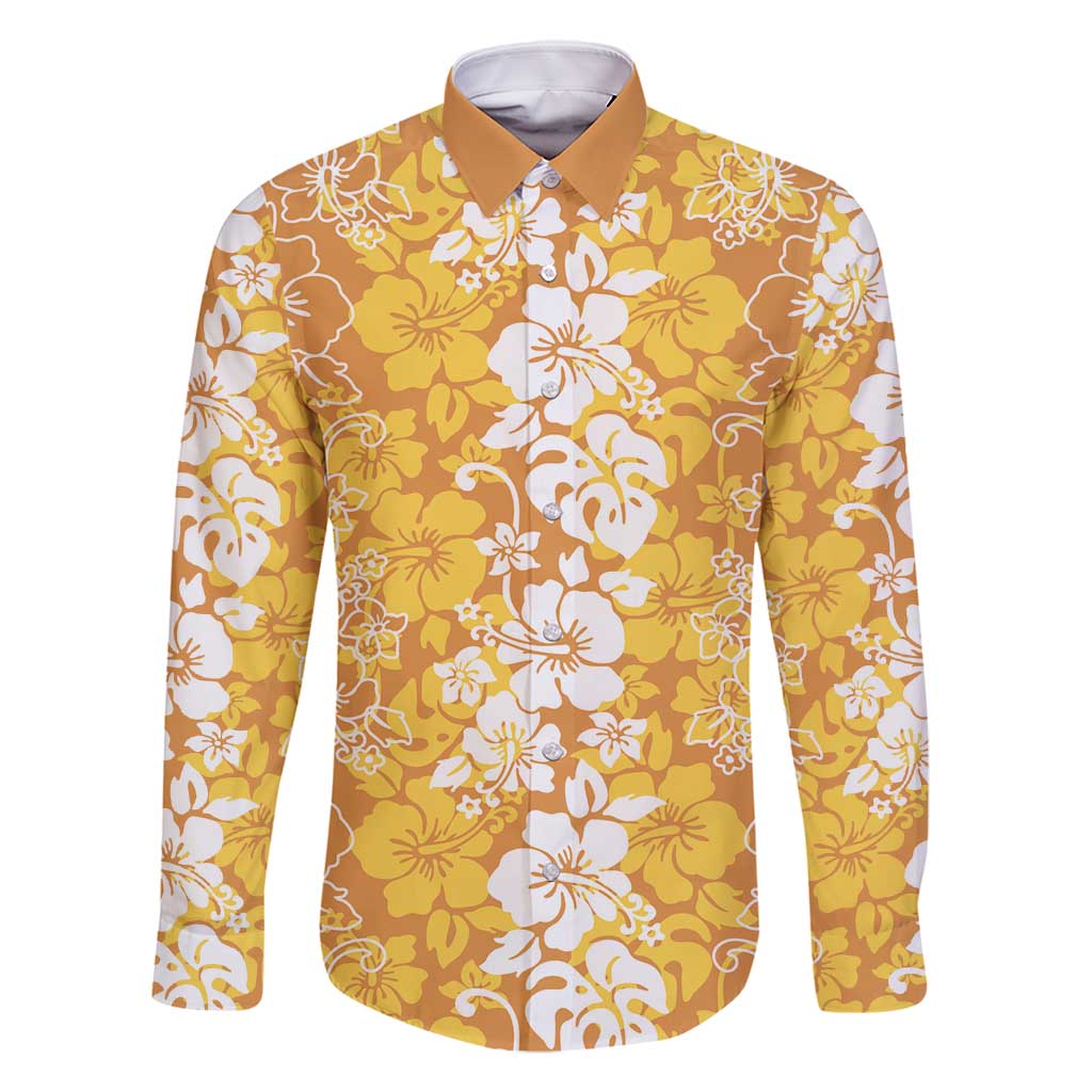Hawaiian Lei Day Family Matching Off Shoulder Maxi Dress and Hawaiian Shirt Gold Hibiscus Flowers Lei Art LT9 Dad's Shirt - Long Sleeve Gold - Polynesian Pride