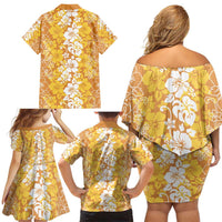 Hawaiian Lei Day Family Matching Off Shoulder Short Dress and Hawaiian Shirt Gold Hibiscus Flowers Lei Art LT9 - Polynesian Pride