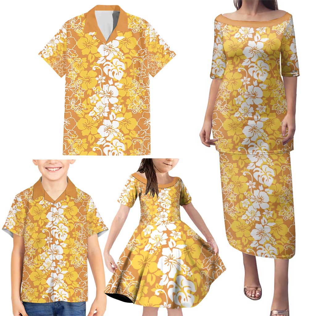 Hawaiian Lei Day Family Matching Puletasi and Hawaiian Shirt Gold Hibiscus Flowers Lei Art