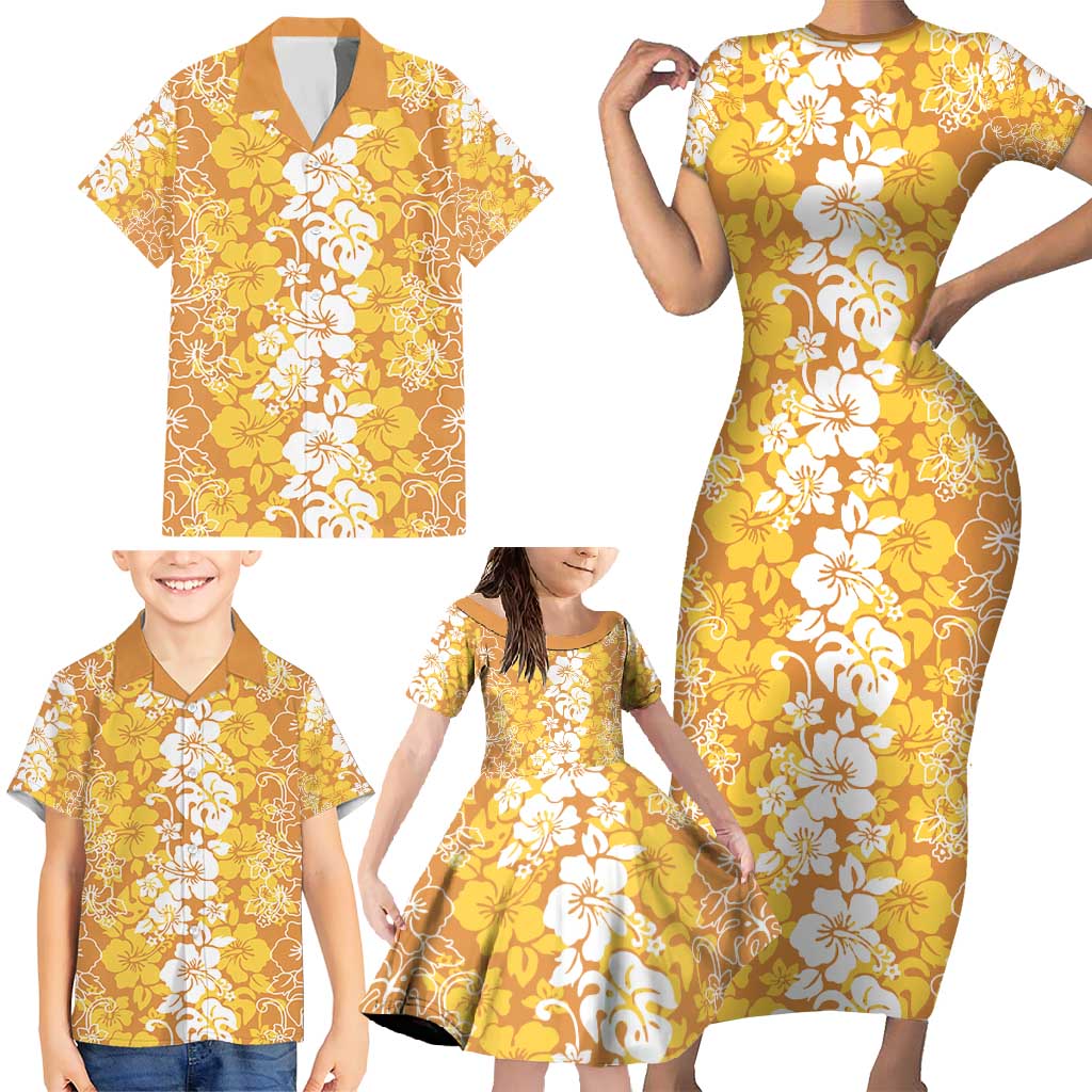 Hawaiian Lei Day Family Matching Short Sleeve Bodycon Dress and Hawaiian Shirt Gold Hibiscus Flowers Lei Art LT9 - Polynesian Pride