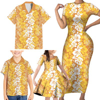 Hawaiian Lei Day Family Matching Short Sleeve Bodycon Dress and Hawaiian Shirt Gold Hibiscus Flowers Lei Art LT9 - Polynesian Pride