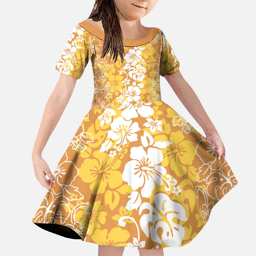 Hawaiian Lei Day Family Matching Tank Maxi Dress and Hawaiian Shirt Gold Hibiscus Flowers Lei Art LT9 Daughter's Dress Gold - Polynesian Pride
