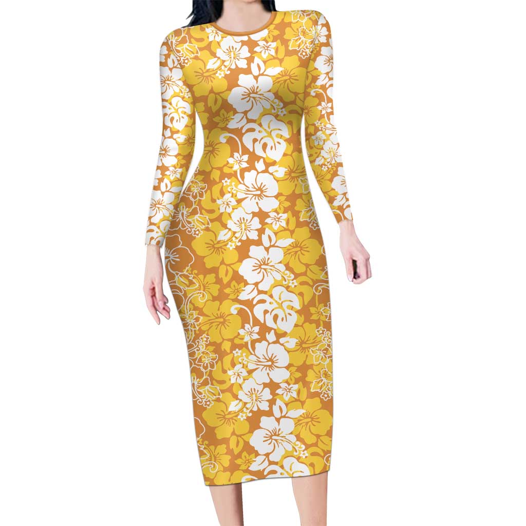Hawaiian Lei Day Long Sleeve Bodycon Dress Gold Hibiscus Flowers Lei Art LT9 Long Dress Gold - Polynesian Pride
