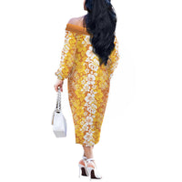 Hawaiian Lei Day Off The Shoulder Long Sleeve Dress Gold Hibiscus Flowers Lei Art LT9 - Polynesian Pride