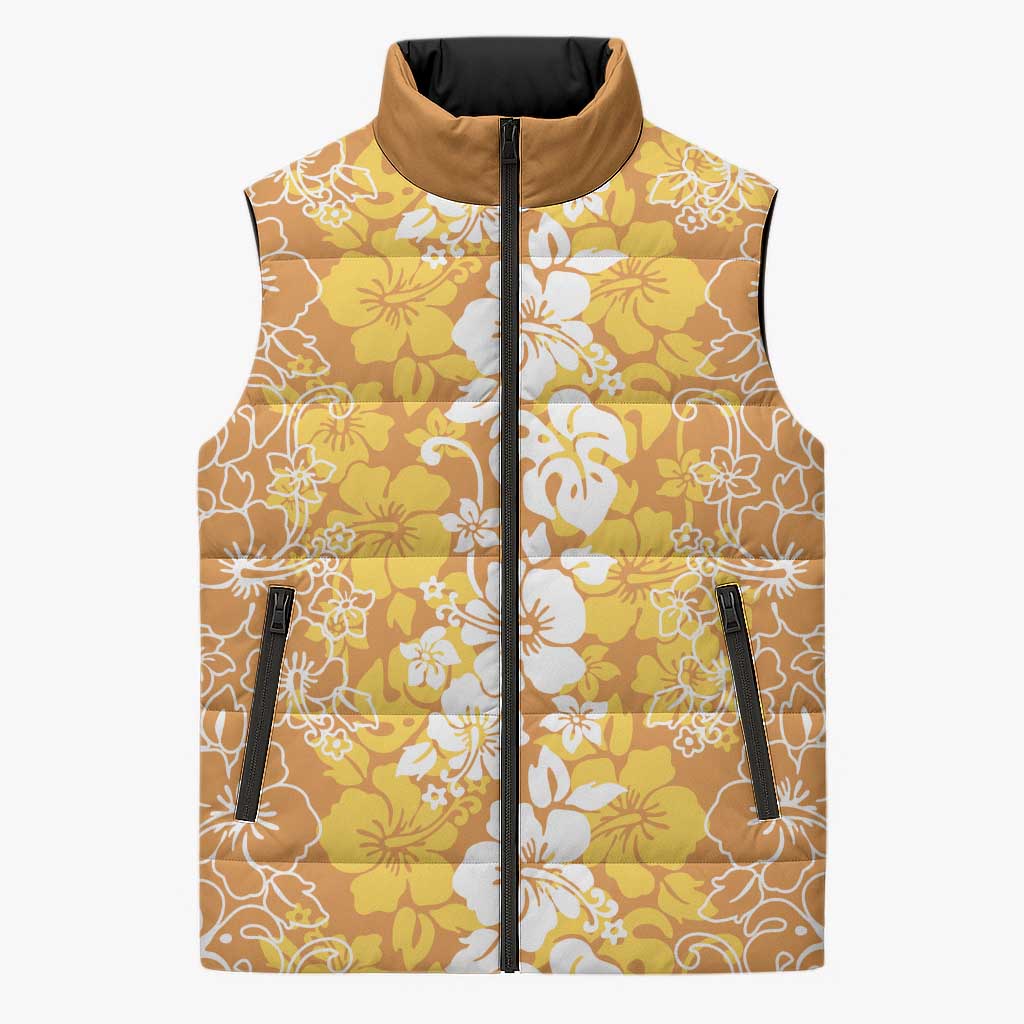 Hawaiian Lei Day Sleeveless Puffer Jacket Gold Hibiscus Flowers Lei Art - Polynesian Pride