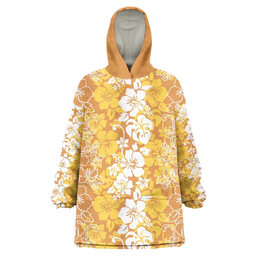 Hawaiian Lei Day Wearable Blanket Hoodie Gold Hibiscus Flowers Lei Art LT9 One Size Gold - Polynesian Pride