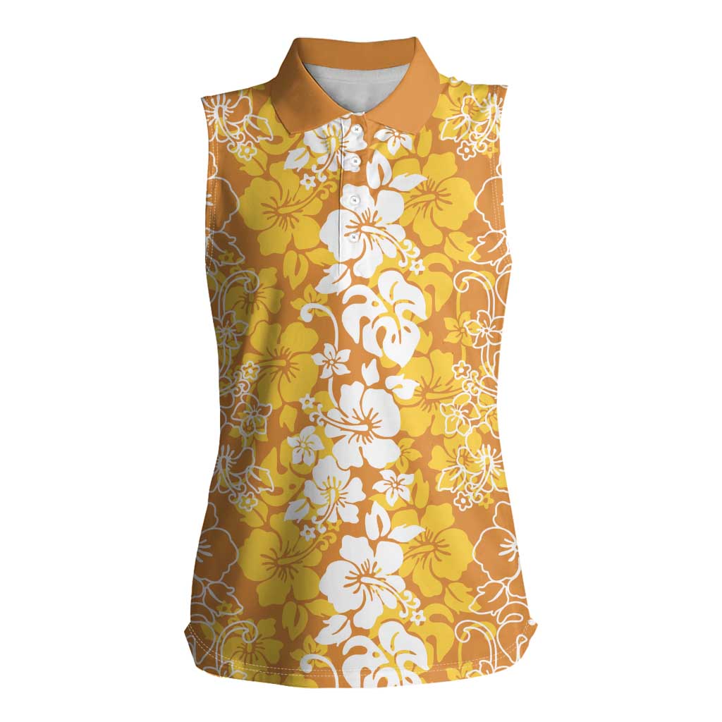 Hawaiian Lei Day Women Sleeveless Polo Shirt Gold Hibiscus Flowers Lei Art LT9 Female Gold - Polynesian Pride