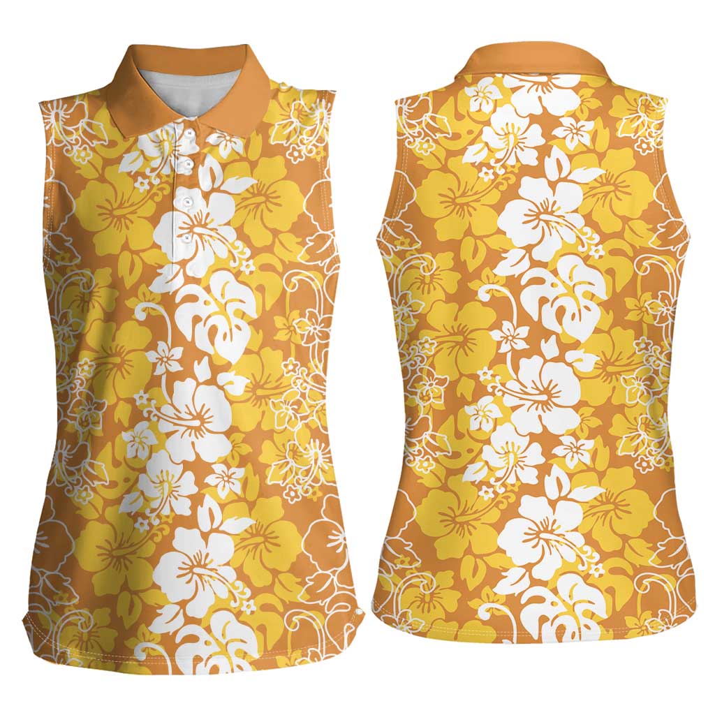 Hawaiian Lei Day Women Sleeveless Polo Shirt Gold Hibiscus Flowers Lei Art LT9 - Polynesian Pride