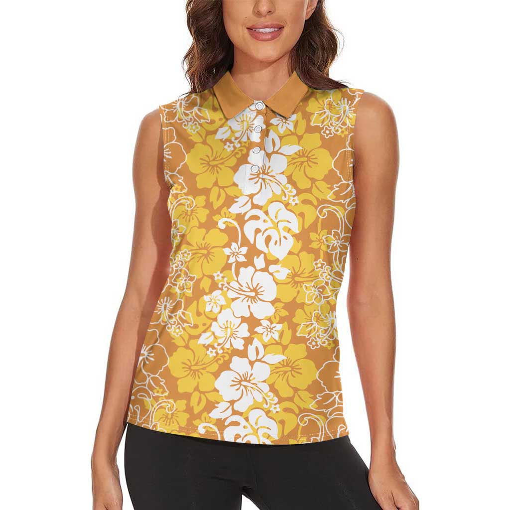 Hawaiian Lei Day Women Sleeveless Polo Shirt Gold Hibiscus Flowers Lei Art LT9 - Polynesian Pride