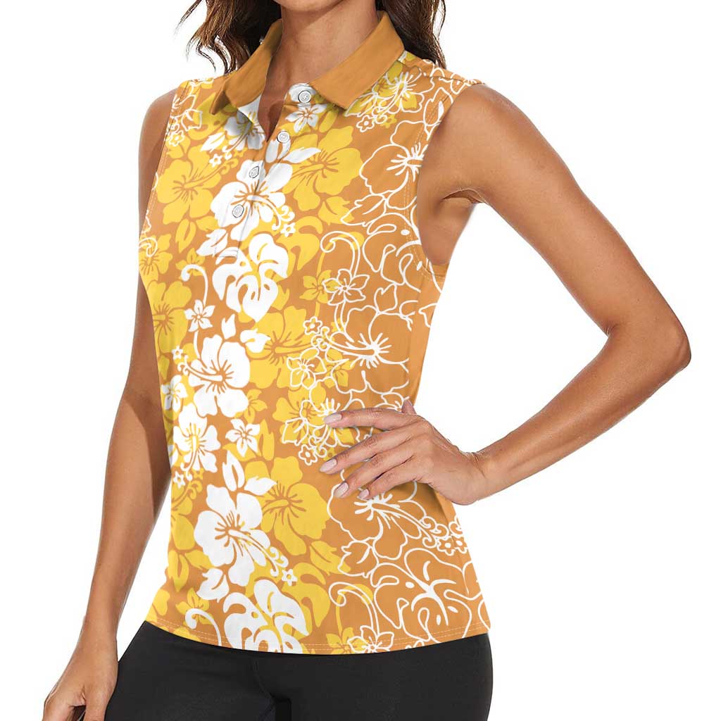 Hawaiian Lei Day Women Sleeveless Polo Shirt Gold Hibiscus Flowers Lei Art LT9 - Polynesian Pride