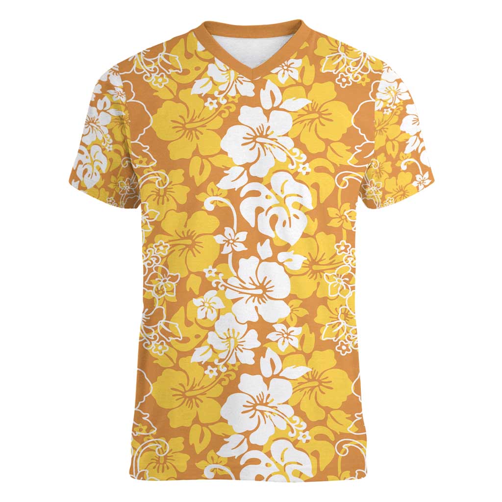 Hawaiian Lei Day Women V-Neck T-Shirt Gold Hibiscus Flowers Lei Art LT9 Female Gold - Polynesian Pride