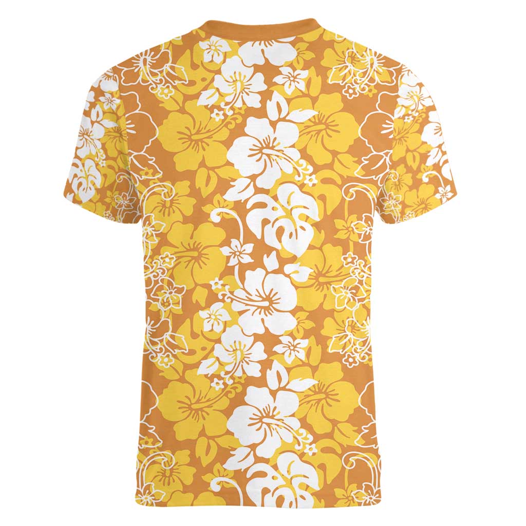 Hawaiian Lei Day Women V-Neck T-Shirt Gold Hibiscus Flowers Lei Art LT9 - Polynesian Pride