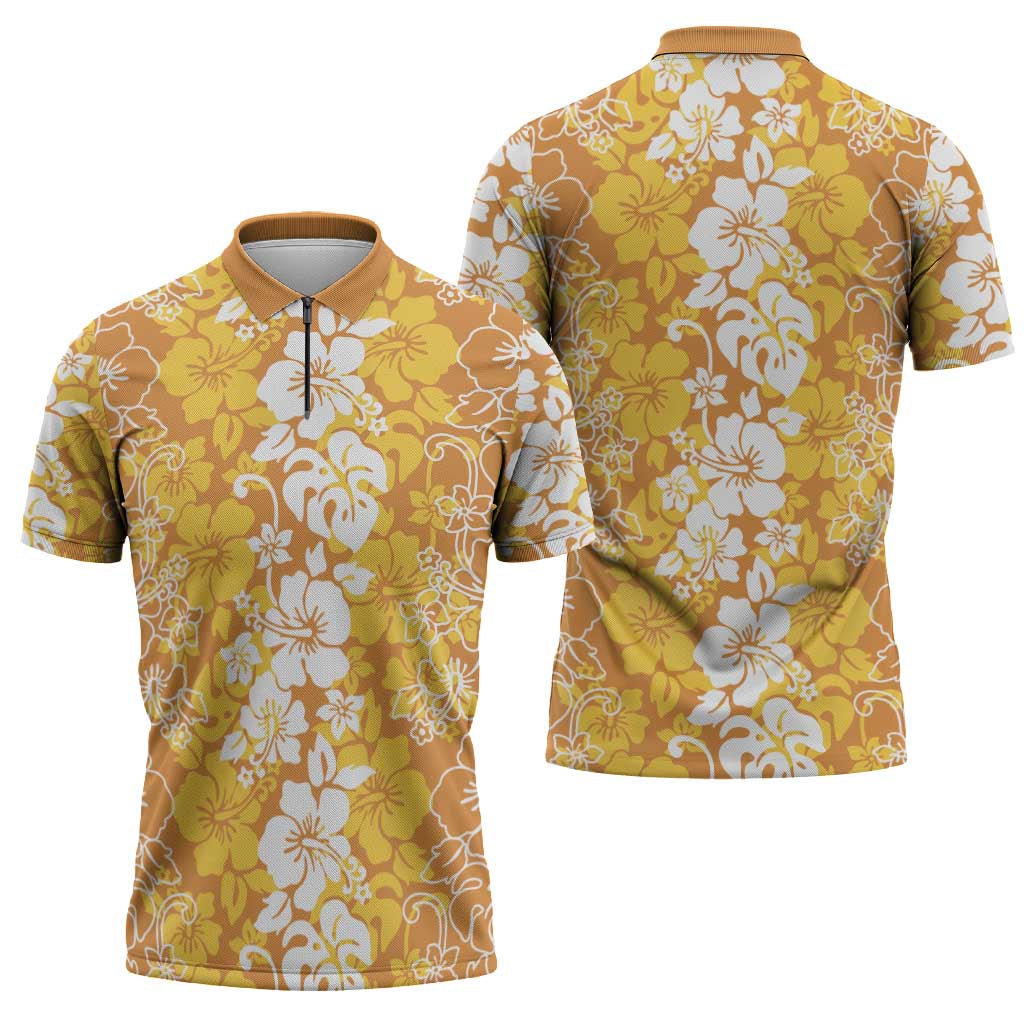 Hawaiian Lei Day Zipper Polo Shirt Gold Hibiscus Flowers Lei Art LT9 - Polynesian Pride