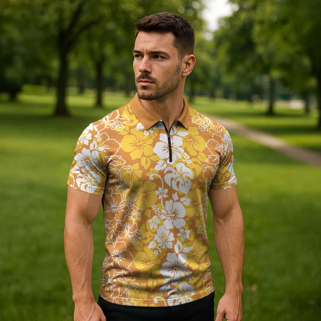 Hawaiian Lei Day Zipper Polo Shirt Gold Hibiscus Flowers Lei Art LT9 - Polynesian Pride