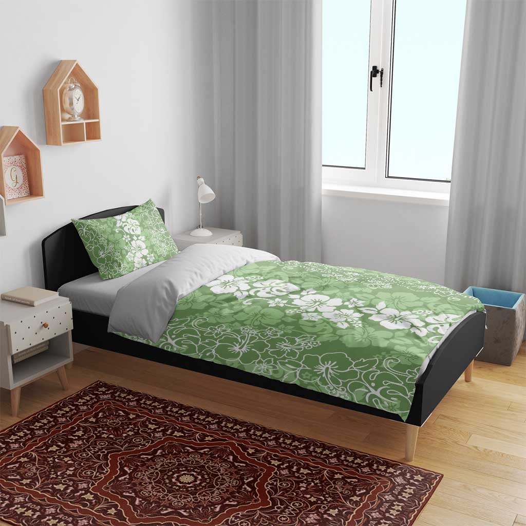 Hawaiian Lei Day Bedding Set Green Hibiscus Flowers Lei Art