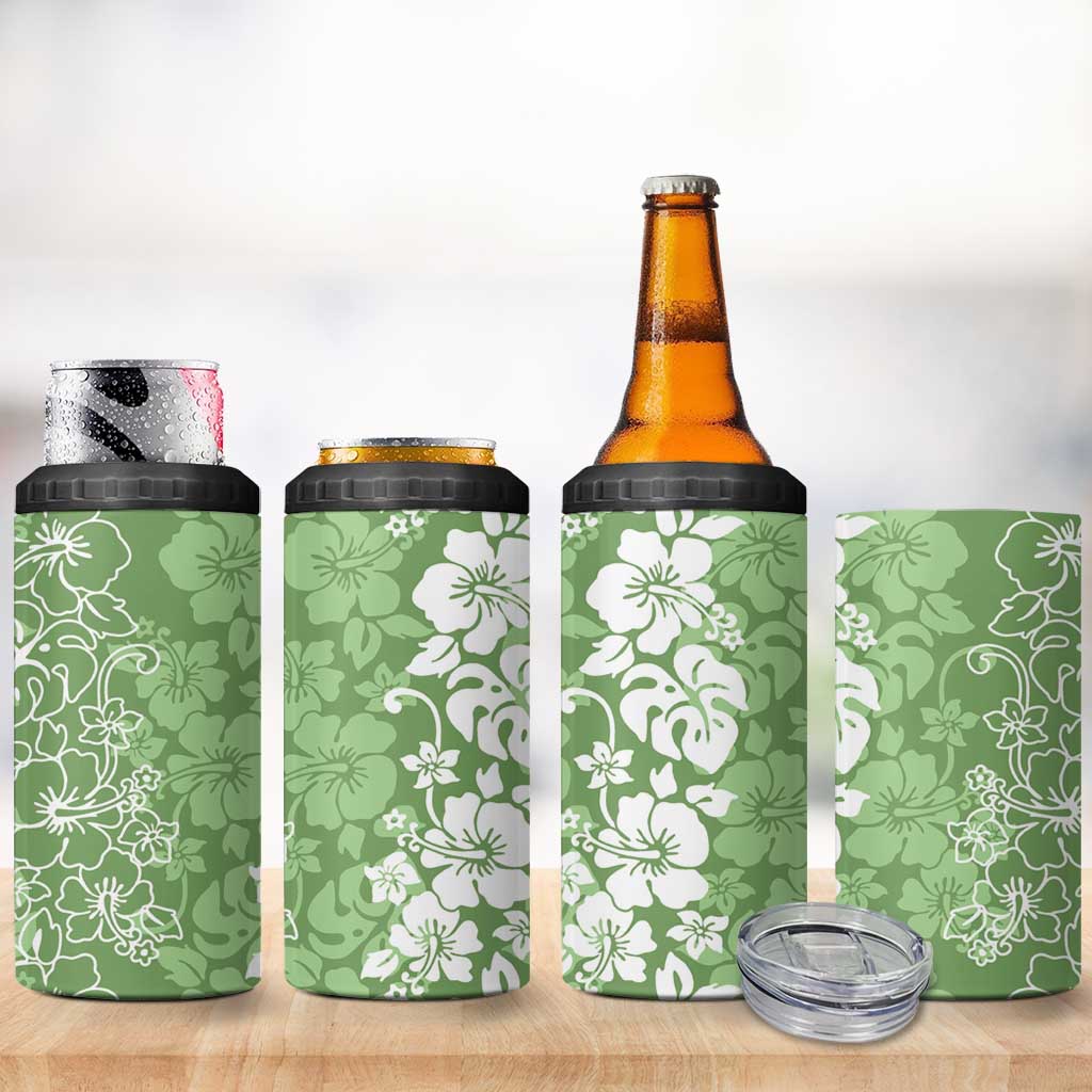 Hawaiian Lei Day 4 in 1 Can Cooler Tumbler Green Hibiscus Flowers Lei Art LT9 - Polynesian Pride
