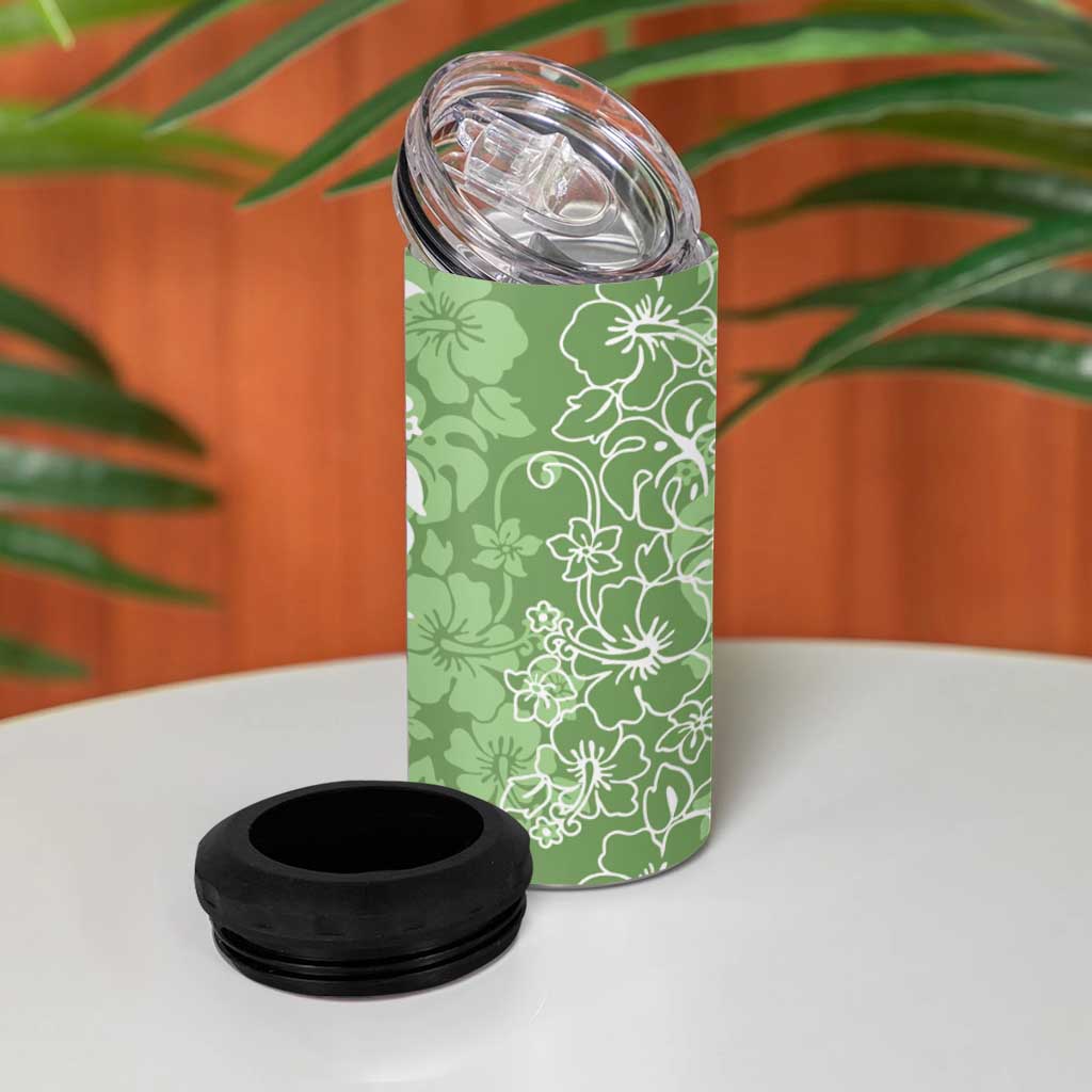 Hawaiian Lei Day 4 in 1 Can Cooler Tumbler Green Hibiscus Flowers Lei Art LT9 - Polynesian Pride