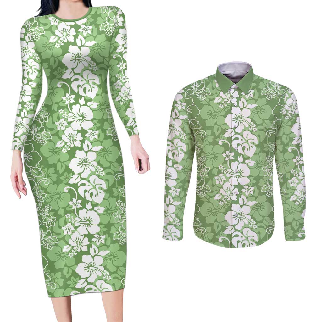 Hawaiian Lei Day Couples Matching Long Sleeve Bodycon Dress and Long Sleeve Button Shirt Green Hibiscus Flowers Lei Art LT9 Green - Polynesian Pride