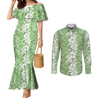 Hawaiian Lei Day Couples Matching Mermaid Dress and Long Sleeve Button Shirt Green Hibiscus Flowers Lei Art LT9 Green - Polynesian Pride